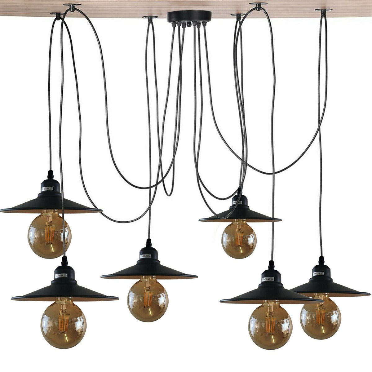 6-Light Spider Pendant – Black & Gold Shades or Cages, E27 - Black, Flat Black & Gold, With 6 G95 LED Bulbs 4W
