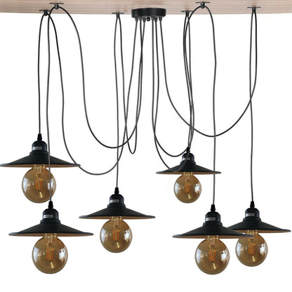 6-Light Spider Pendant – Black & Gold Shades or Cages, E27 - Black, Flat Black & Gold, With 6 G95 LED Bulbs 4W