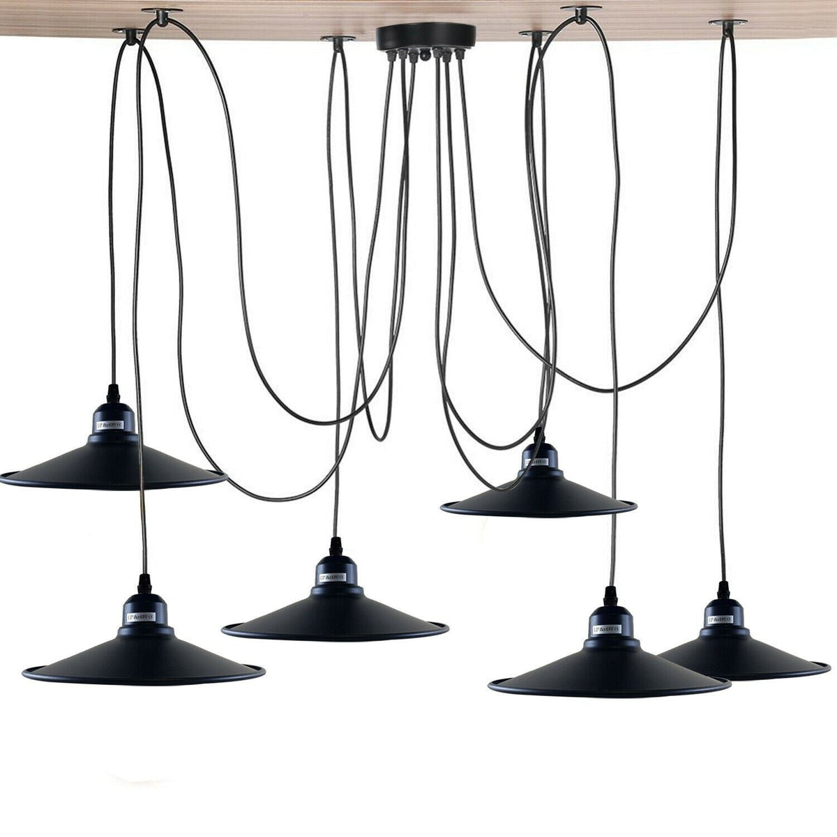 6-Light Spider Pendant – Black & Gold Shades or Cages, E27 - Black, Flat Black & Gold, Without Bulb