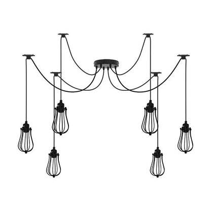 6-Light Spider Pendant – Black & Gold Shades or Cages, E27 - Black, Round Cage Black, Without Bulb
