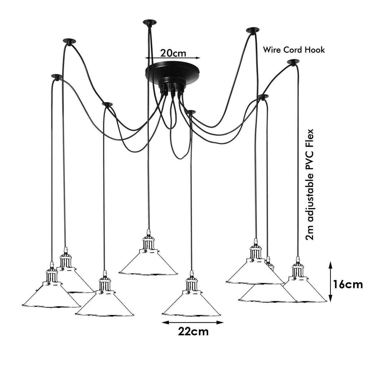 8-Light Spider Pendant – Multi-Colour 22 cm Cone Shades, E27 - photo 2