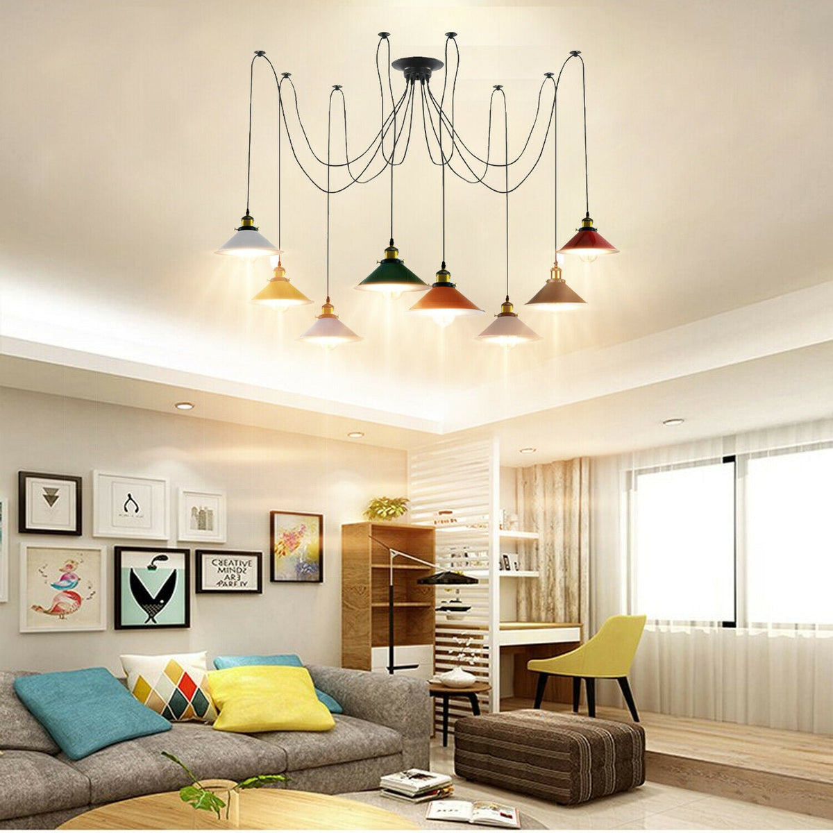 8-Light Spider Pendant – Multi-Colour 22 cm Cone Shades, E27 - photo 3