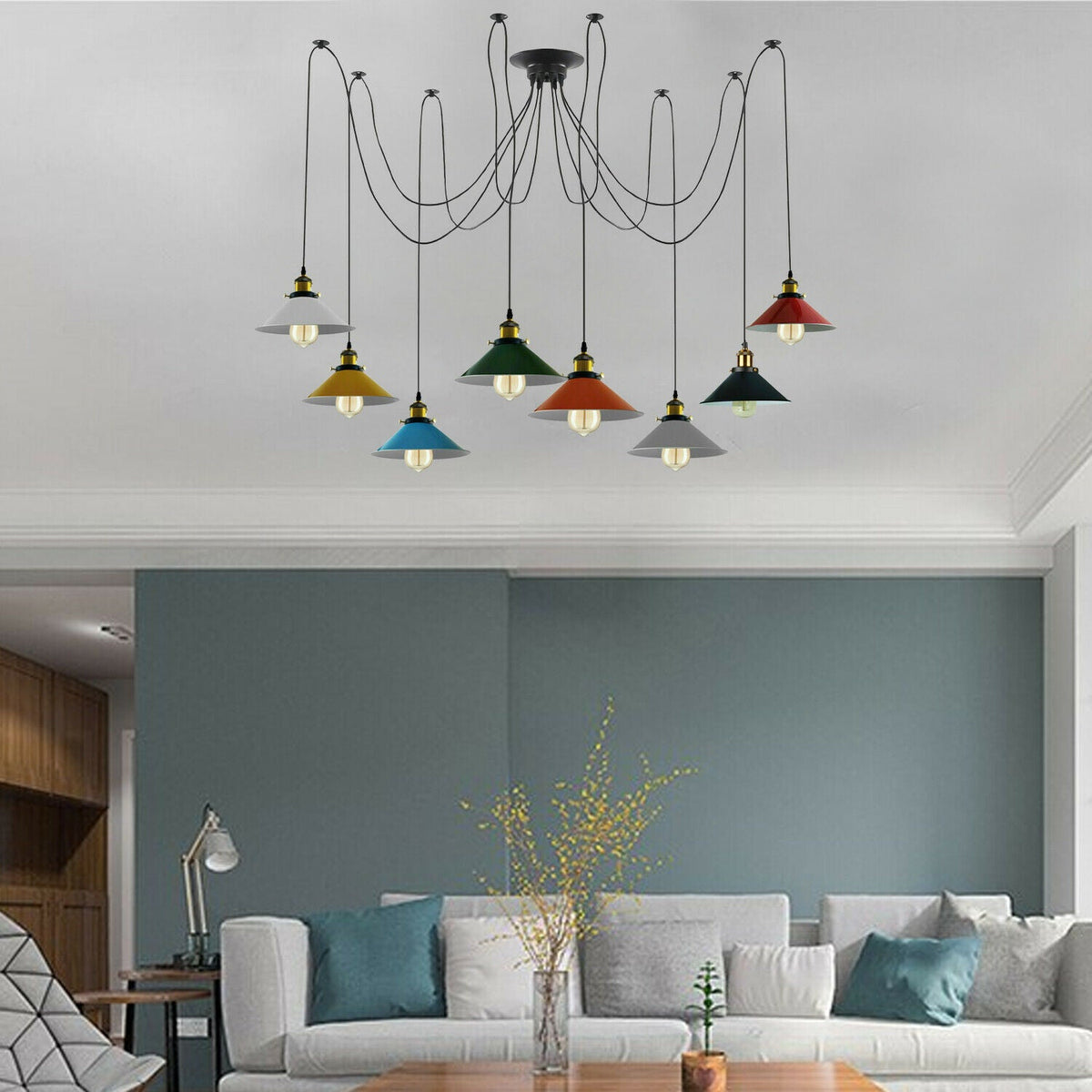 8-Light Spider Pendant – Multi-Colour 22 cm Cone Shades, E27 - photo 6