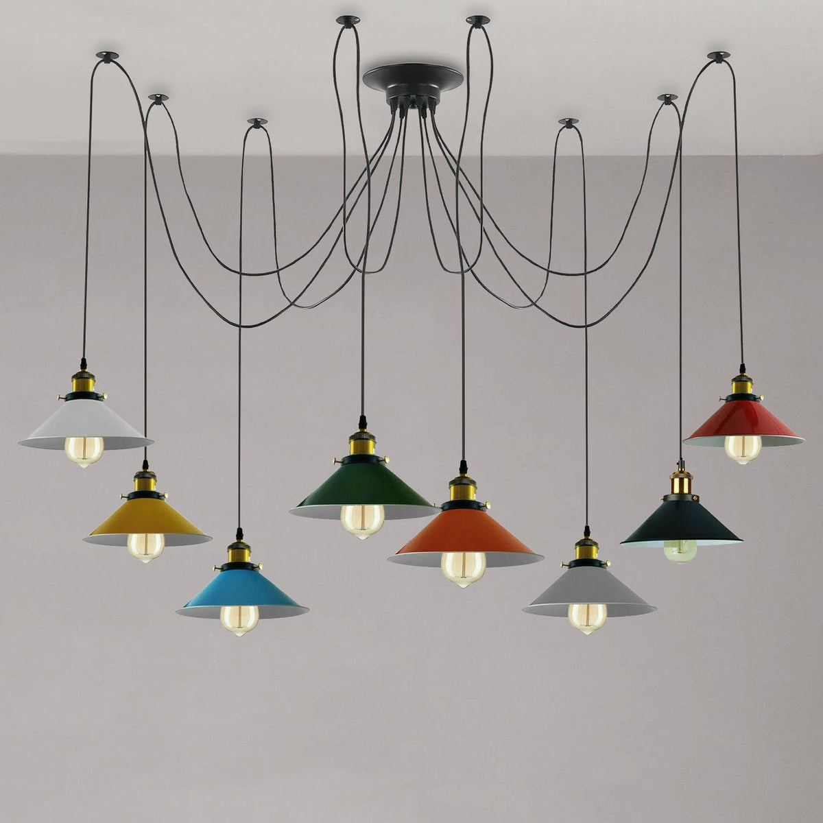 8-Light Spider Pendant – Multi-Colour 22 cm Cone Shades, E27