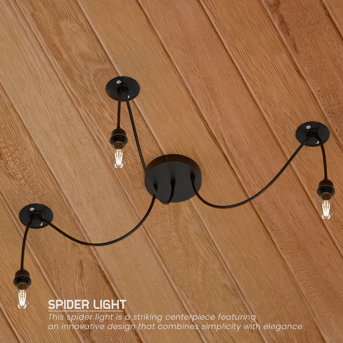 3-Light Spider Pendant – Black, Bare E27 Holders, Fabric Cable - photo 3