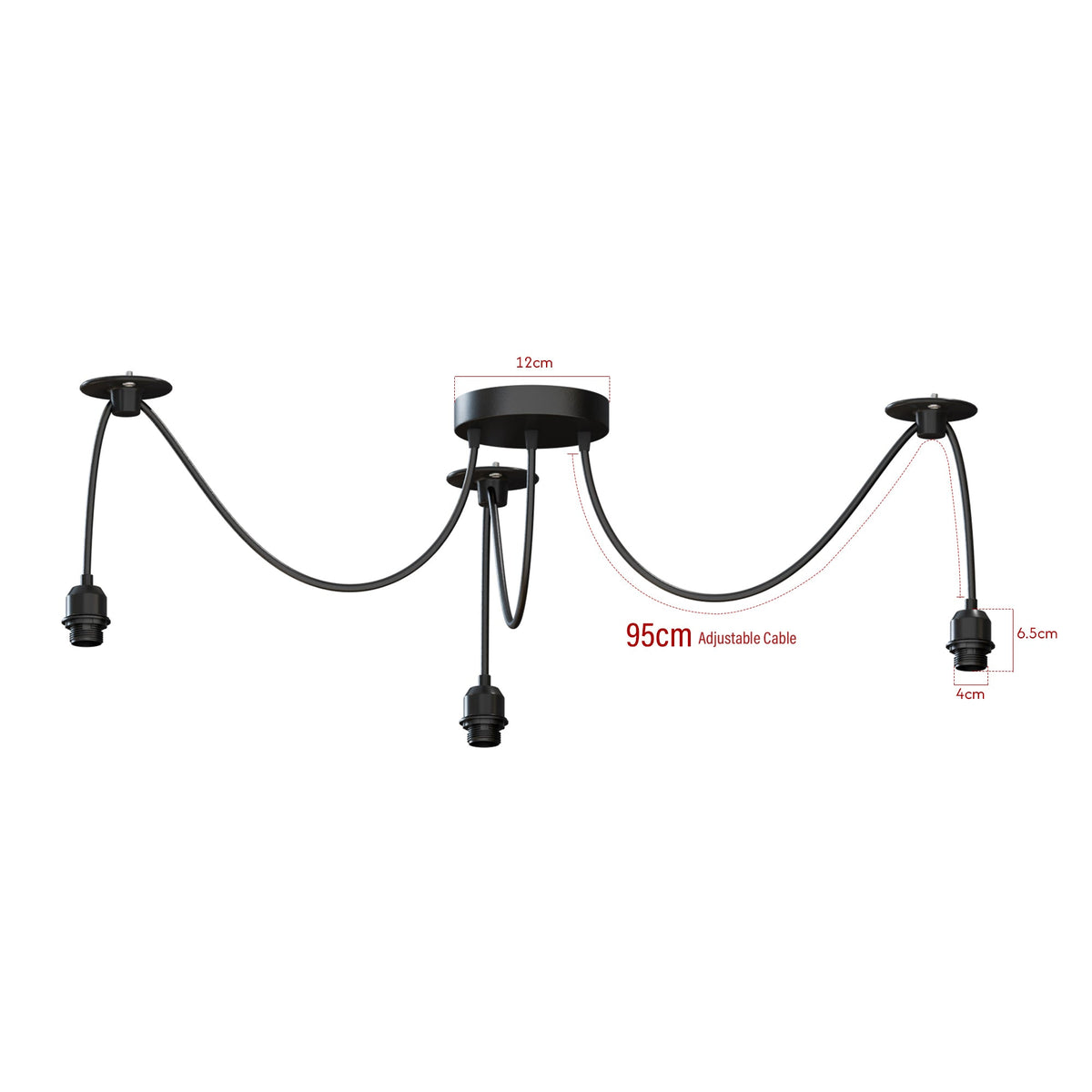 3-Light Spider Pendant – Black, Bare E27 Holders, Fabric Cable - photo 4