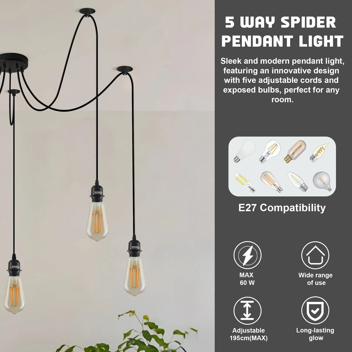 5 Light Spider Pendant – Black, 12 cm Rose, E27, Adjustable - photo 5