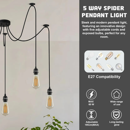 5 Light Spider Pendant – Black, 12 cm Rose, E27, Adjustable - photo 5