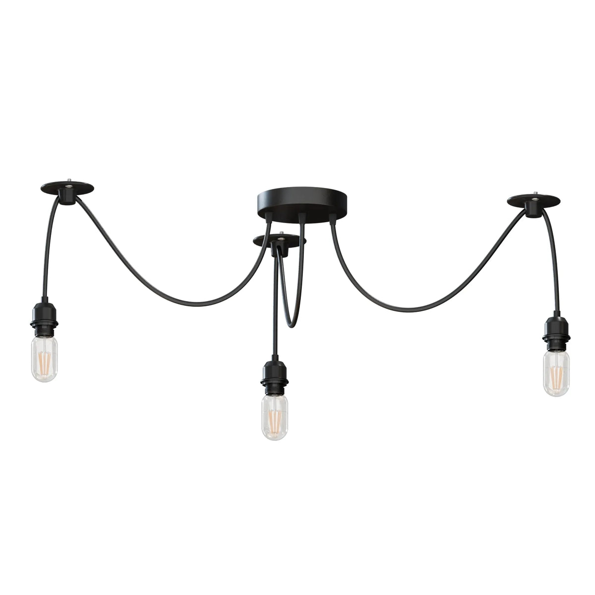 3-Light Spider Pendant – Black, Bare E27 Holders, Fabric Cable - Black, No Shade, ST64 Bulb
