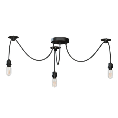 3-Light Spider Pendant – Black, Bare E27 Holders, Fabric Cable - Black, No Shade, ST64 Bulb