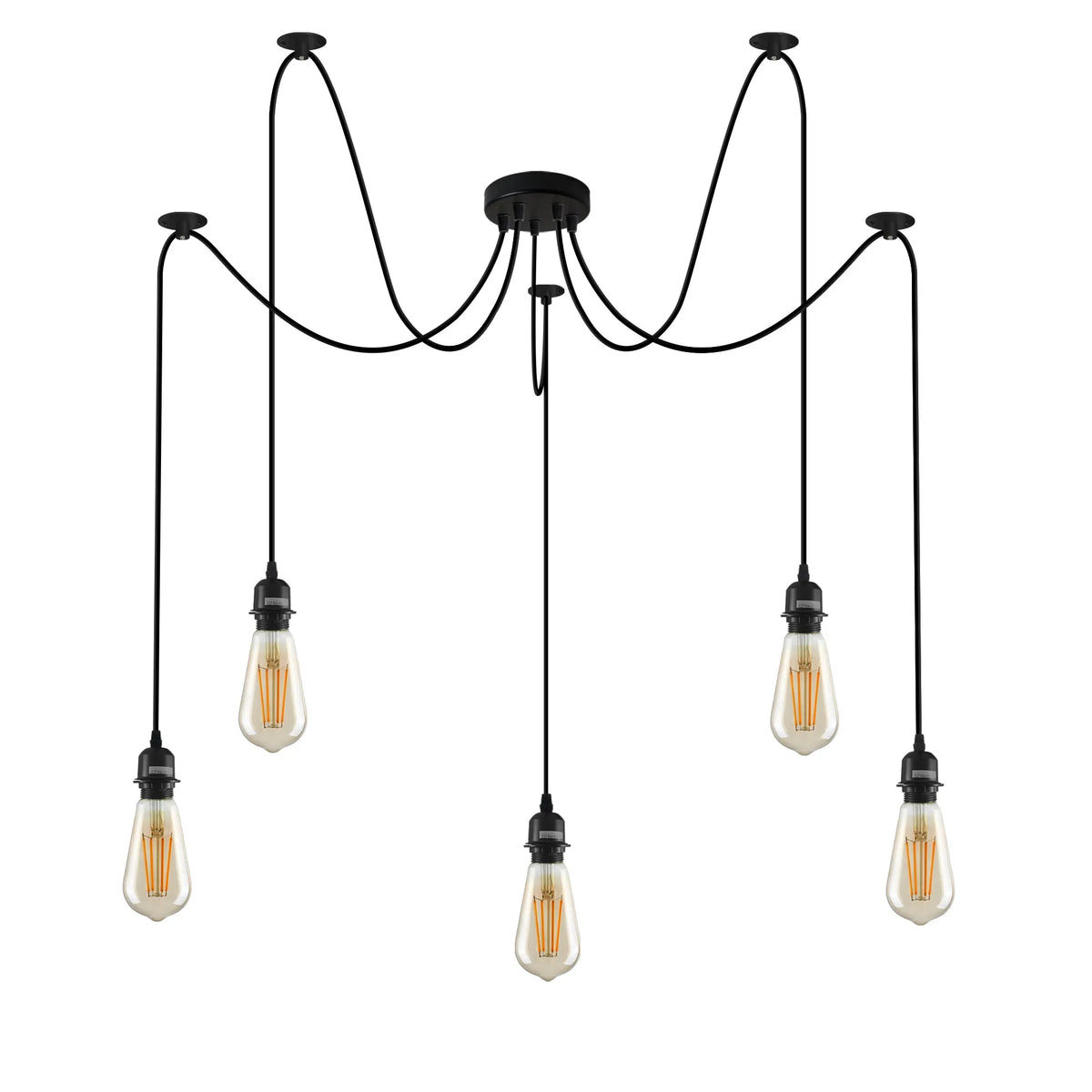 5 Light Spider Pendant – Black, 12 cm Rose, E27, Adjustable - Black, No Shade, ST64 Bulb