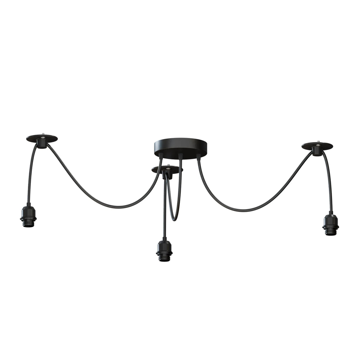 3-Light Spider Pendant – Black, Bare E27 Holders, Fabric Cable - Black, No Shade, Without Bulb