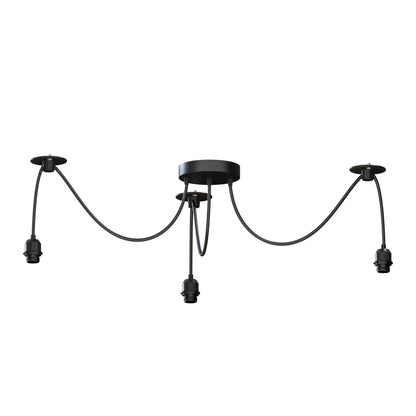 3-Light Spider Pendant – Black, Bare E27 Holders, Fabric Cable - Black, No Shade, Without Bulb