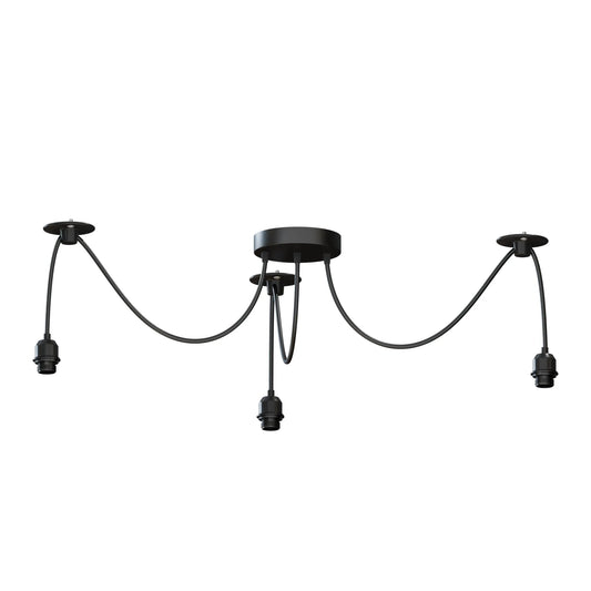 3-Light Spider Pendant – Black, Bare E27 Holders, Fabric Cable - Black, No Shade, Without Bulb