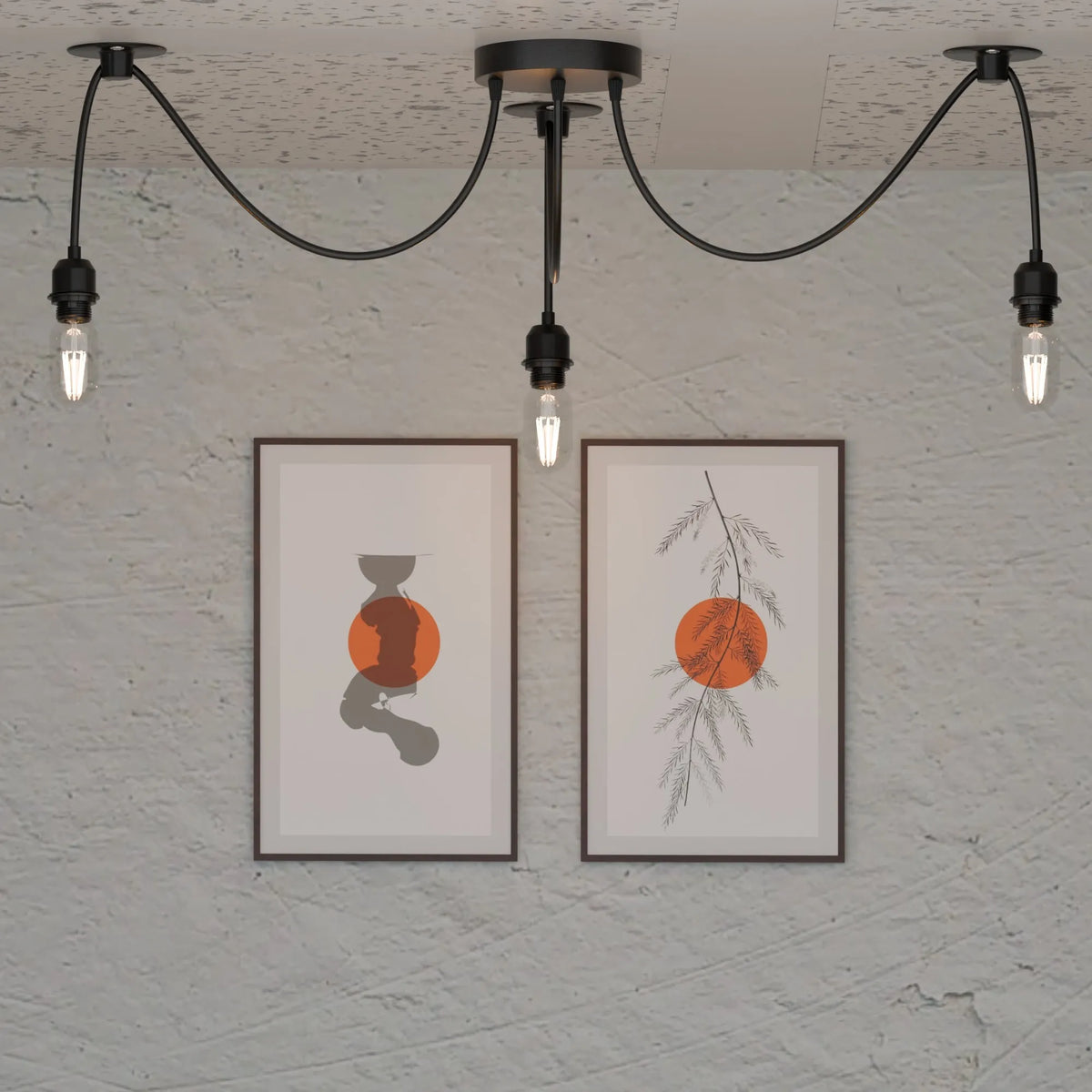 3-Light Spider Pendant – Black, Bare E27 Holders, Fabric Cable - photo 2