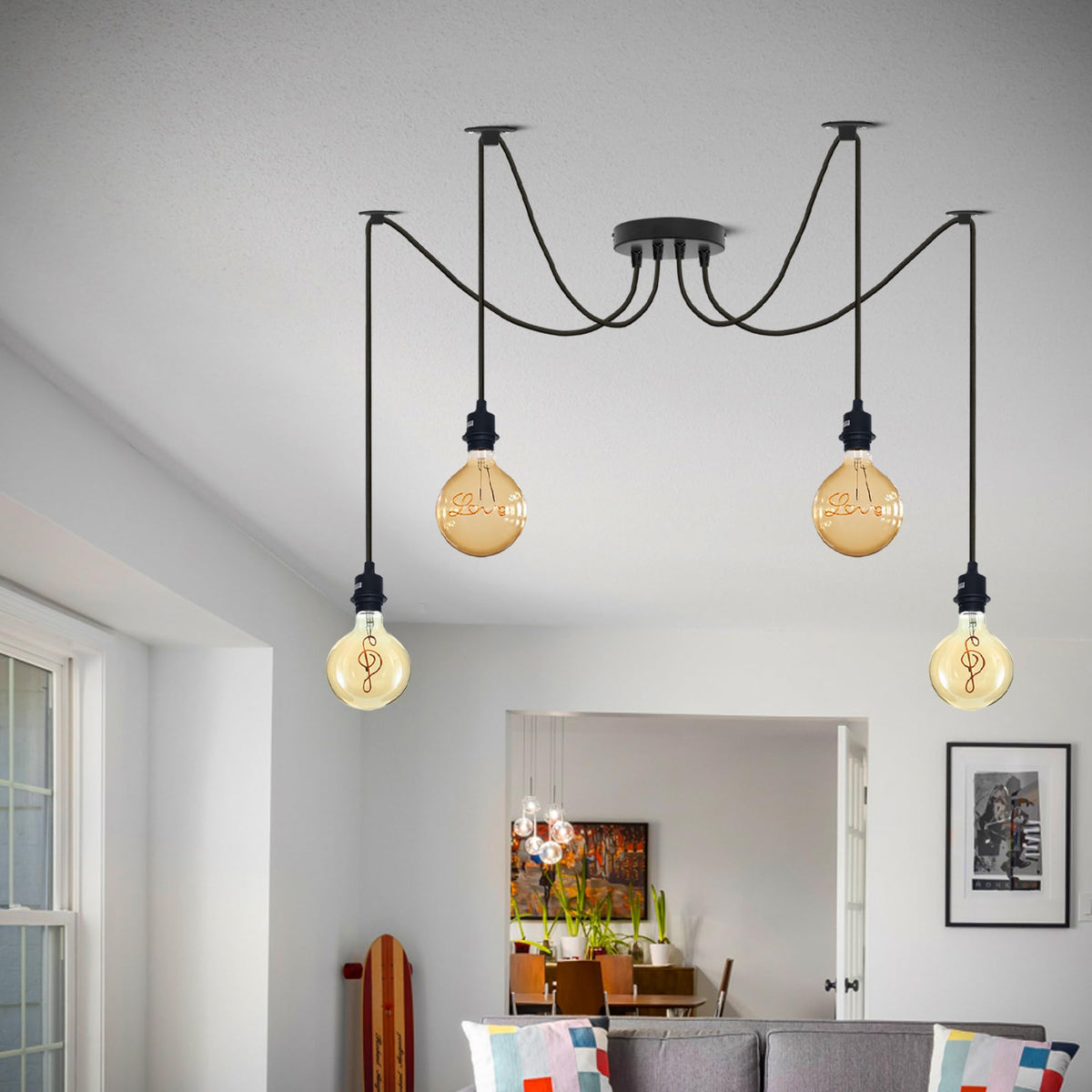 4 Light DIY Spider Pendant – 195 cm Fabric Cables, Black, E27