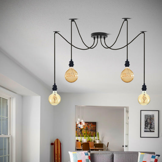 4 Light DIY Spider Pendant – 195 cm Fabric Cables, Black, E27