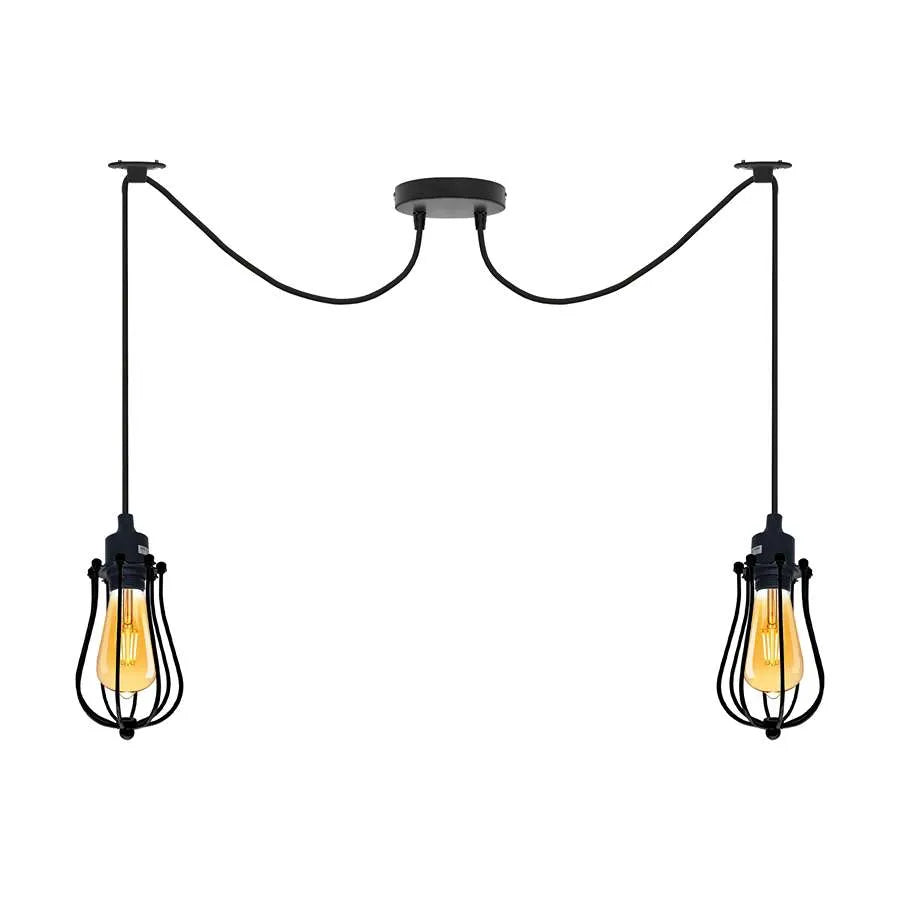 2-Light Spider Pendant – Black Cages or White Domes, E27 - T130 LED Bulb 4W, Black