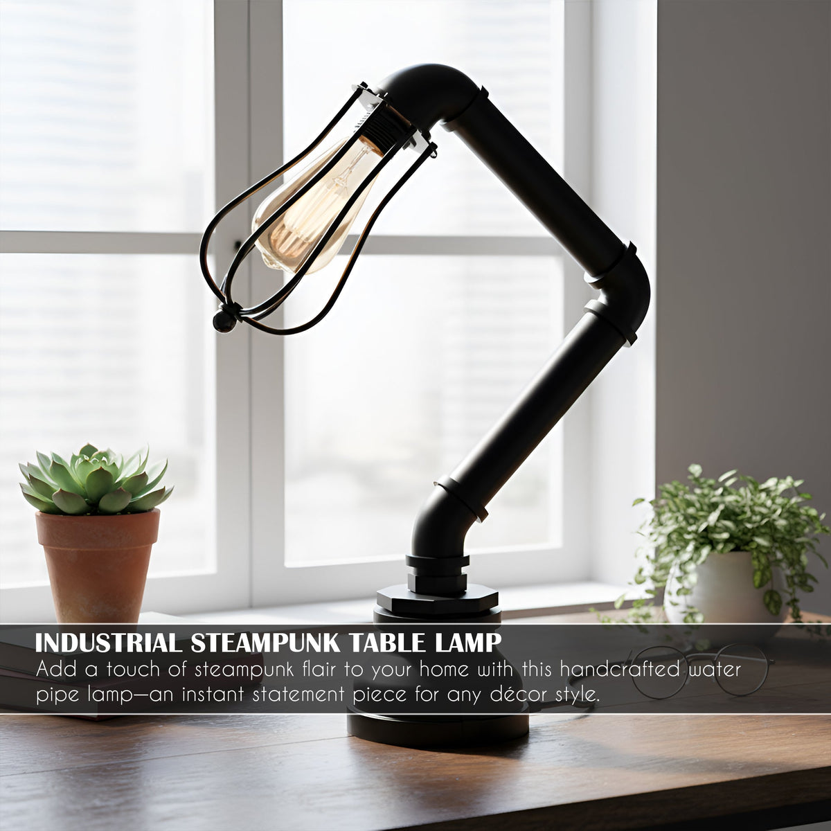 Industrial Steampunk Pipe Table Lamp with Wire Cage E27 - Black, T130 LED Bulb 4W