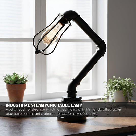 Industrial Steampunk Pipe Table Lamp with Wire Cage E27 - Black, T130 LED Bulb 4W