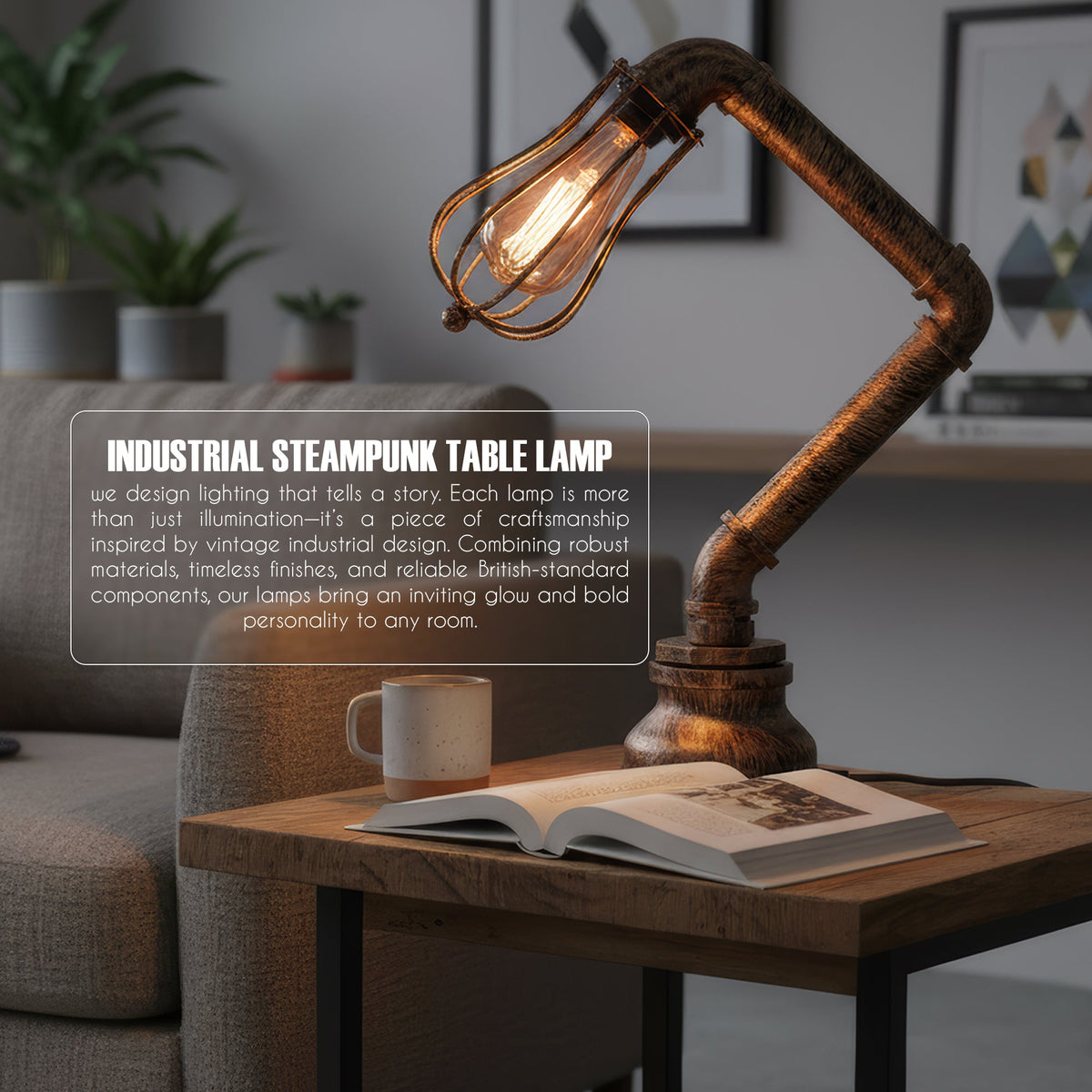 Industrial Steampunk Pipe Table Lamp with Wire Cage E27 - Brushed Copper, T130 LED Bulb 4W