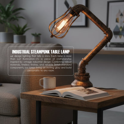 Industrial Steampunk Pipe Table Lamp with Wire Cage E27 - Brushed Copper, T130 LED Bulb 4W