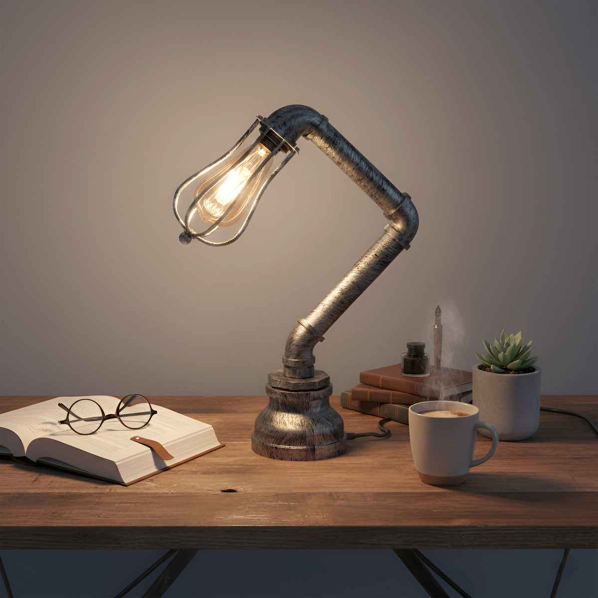 Industrial Steampunk Pipe Table Lamp with Wire Cage E27 - Brushed Silver, T130 LED Bulb 4W