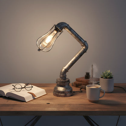 Industrial Steampunk Pipe Table Lamp with Wire Cage E27 - Brushed Silver, T130 LED Bulb 4W
