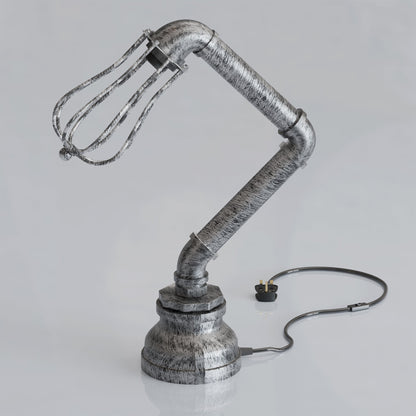 Industrial Steampunk Pipe Table Lamp with Wire Cage E27 - Brushed Silver, Without Bulb