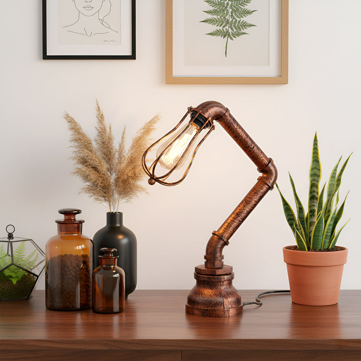 Industrial Steampunk Pipe Table Lamp with Wire Cage E27 - Rustic Red, T130 LED Bulb 4W