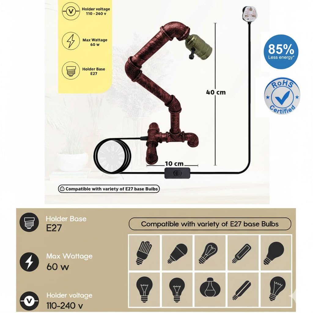 Industrial Steampunk Water Pipe Table Lamp E27 – Copper, Silver or Red - photo 7