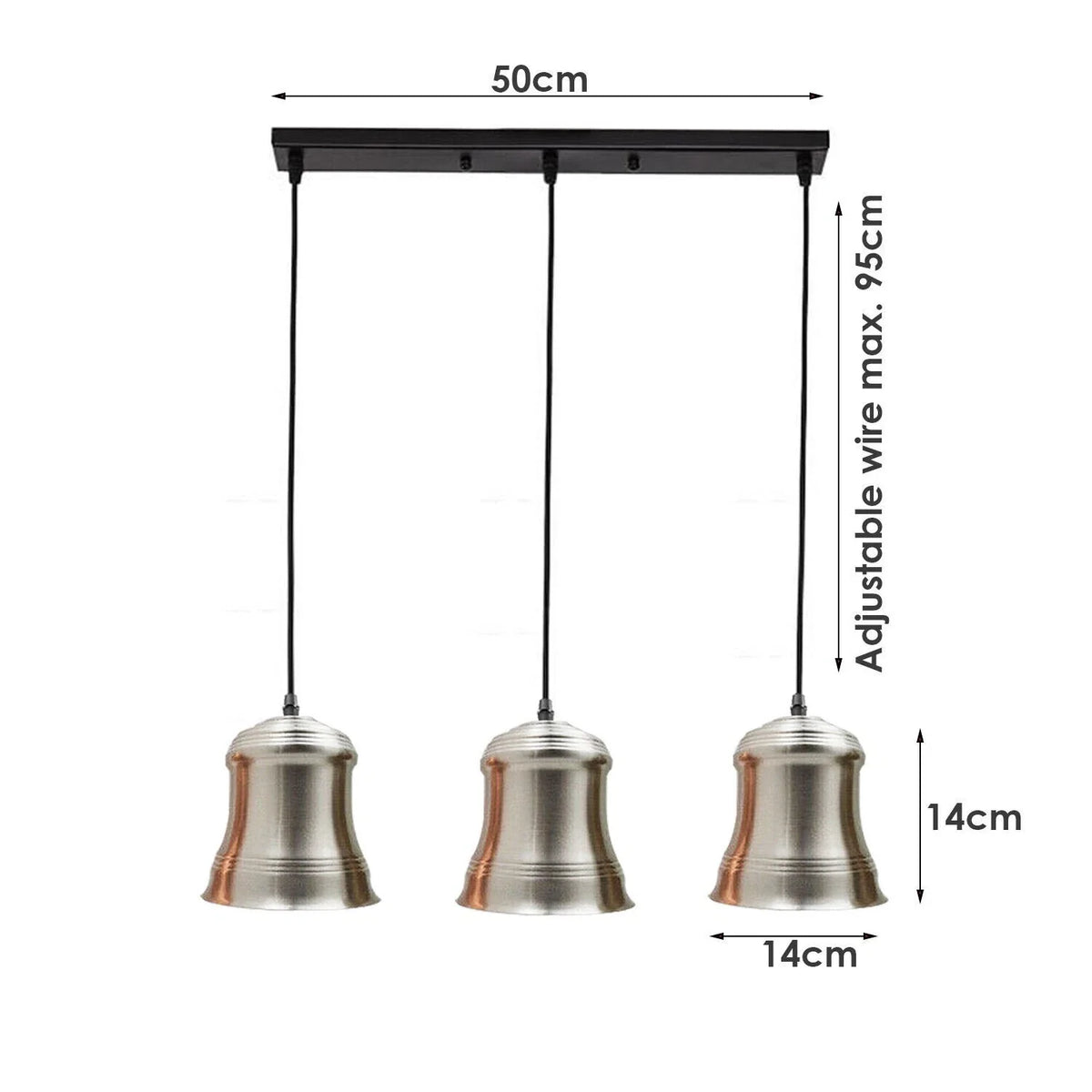 3-Light Pendant – Bell Shades or Black Cages, Round Plate or Bar, E27 - photo 3