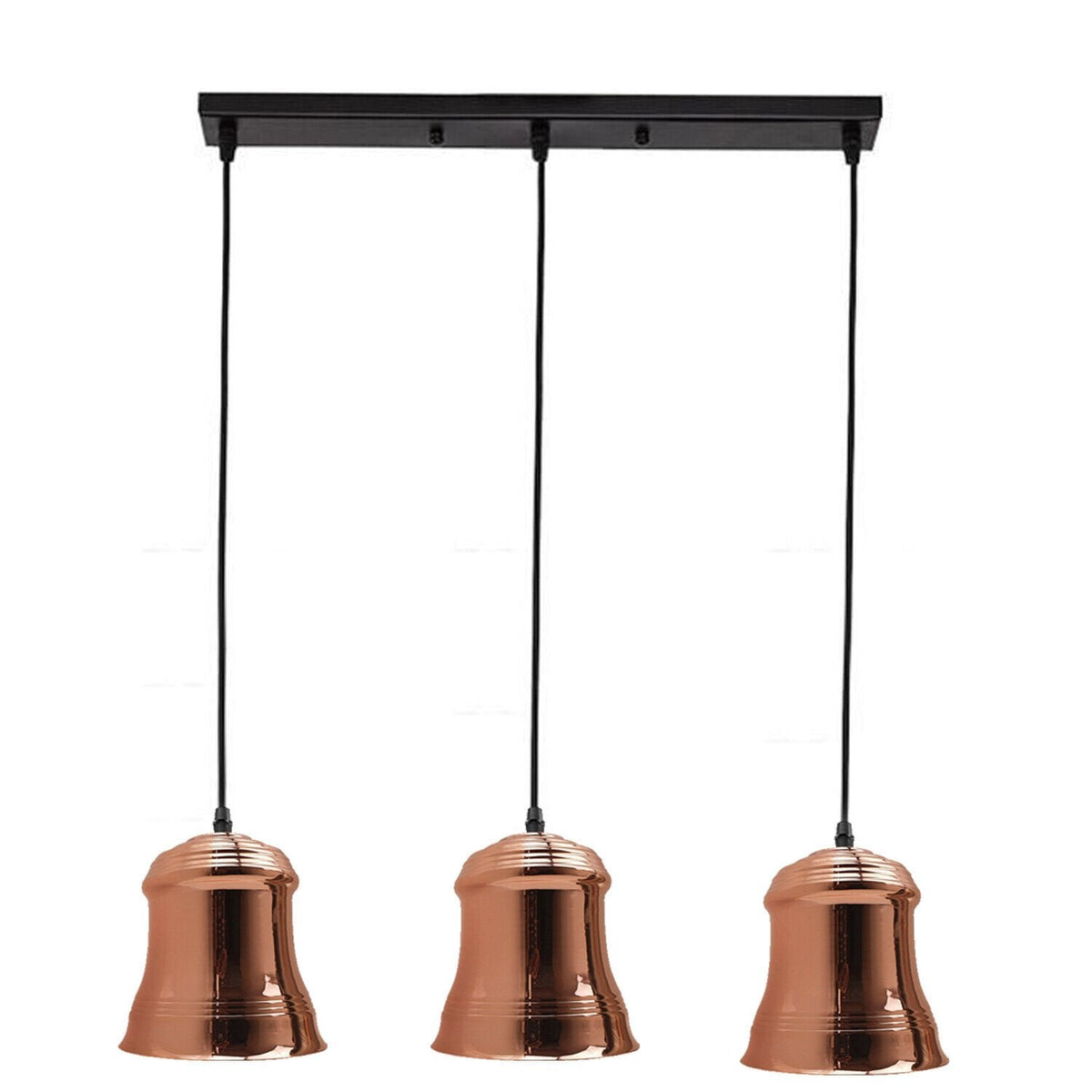 3-Light Pendant – Bell Shades or Black Cages, Round Plate or Bar, E27 - Black, Bell 14 cm Rose Gold, Ceiling Bar, Without Bulb