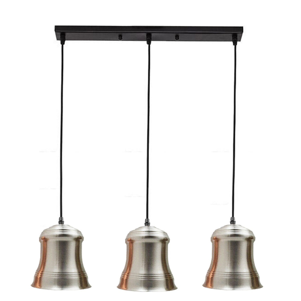 3-Light Pendant – Bell Shades or Black Cages, Round Plate or Bar, E27 - Black, Bell 14 cm Satin Nickel, Ceiling Bar, Without Bulb