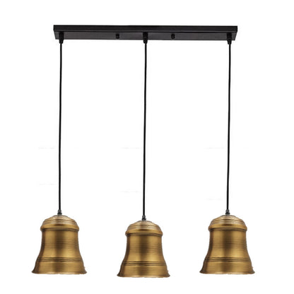 3-Light Pendant – Bell Shades or Black Cages, Round Plate or Bar, E27 - Black, Bell 14 cm Yellow Brass, Ceiling Bar, Without Bulb