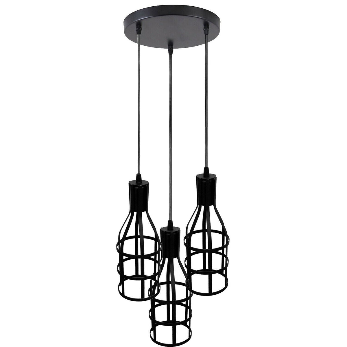 3-Light Pendant – Bell Shades or Black Cages, Round Plate or Bar, E27 - Black, Bottle Cage Black, Round Plate, Without Bulb