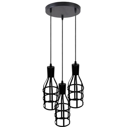 3-Light Pendant – Bell Shades or Black Cages, Round Plate or Bar, E27 - Black, Bottle Cage Black, Round Plate, Without Bulb