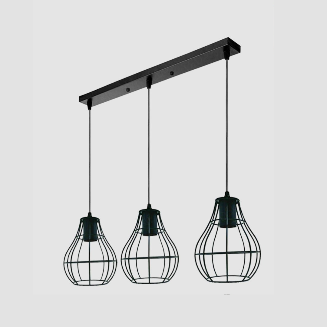 3-Light Pendant – Bell Shades or Black Cages, Round Plate or Bar, E27 - Black, Bulb Cage Black, Ceiling Bar, Without Bulb