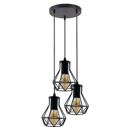 3-Light Pendant – Bell Shades or Black Cages, Round Plate or Bar, E27 - Black, Diamond Cage Black, Round Plate, Without Bulb