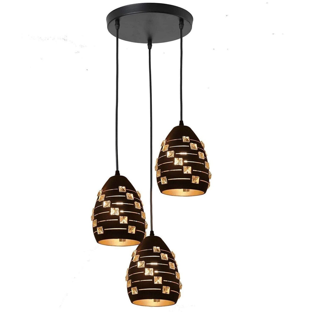 3-Light Pendant – Bell Shades or Black Cages, Round Plate or Bar, E27 - Black, Teardrop Shade Black, Round Plate, Without Bulb