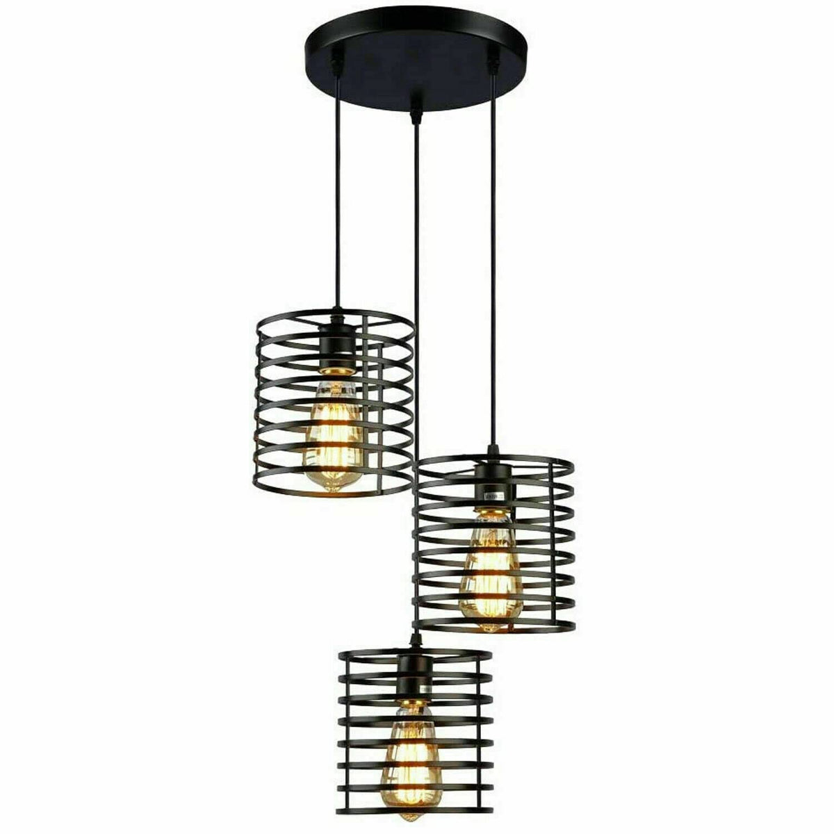 3-Light Pendant – Bell Shades or Black Cages, Round Plate or Bar, E27 - Black, Spiral Cage Black, Round Plate, Without Bulb