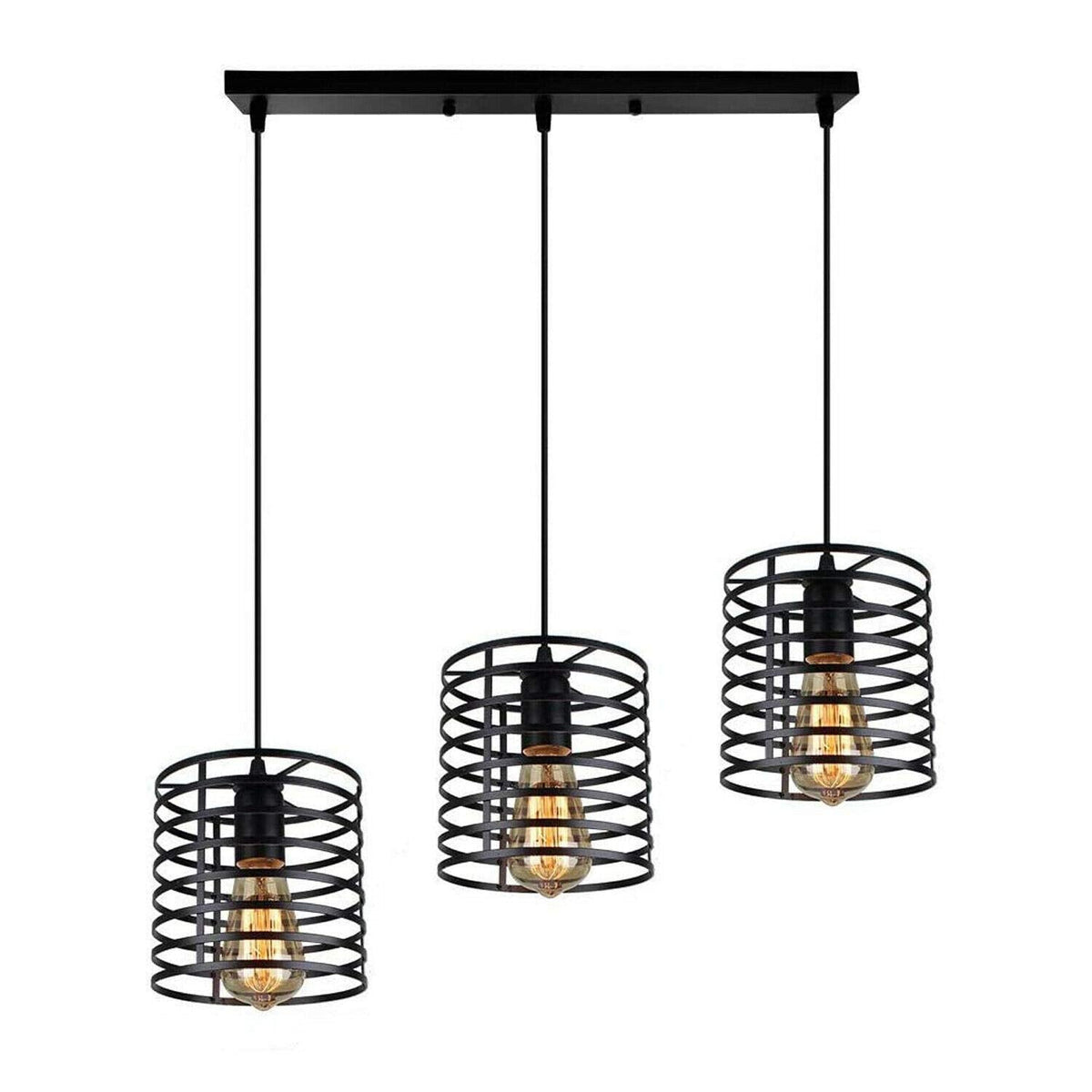 3-Light Pendant – Bell Shades or Black Cages, Round Plate or Bar, E27 - Black, Spiral Cage Black, Ceiling Bar, Without Bulb