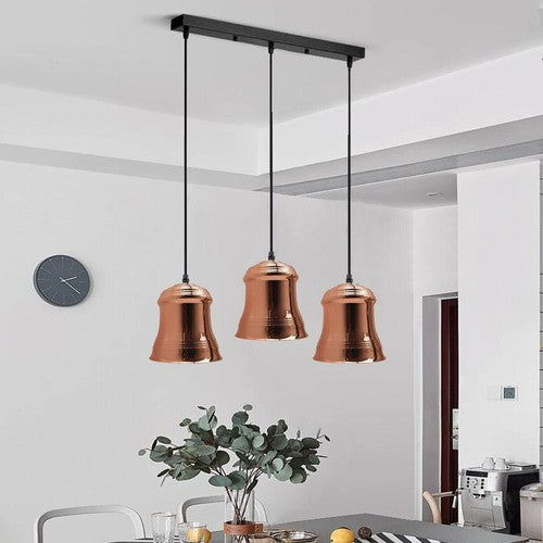3-Light Pendant – Bell Shades or Black Cages, Round Plate or Bar, E27