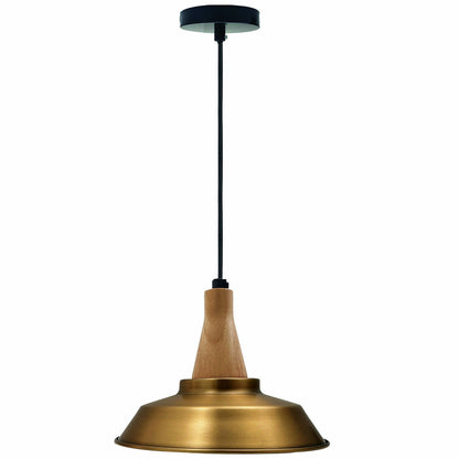 Wooden Pendant Light with Metal Dome Shade 22 cm – 4 Finishes - Wood, Vintage Dome 22 cm Yellow Brass, Without Bulb
