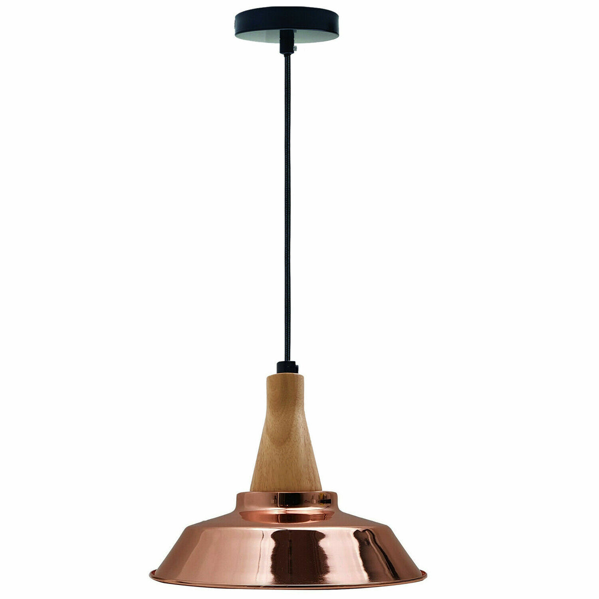 Wooden Pendant Light with Metal Dome Shade 22 cm – 4 Finishes - Wood, Vintage Dome 22 cm Rose Gold, Without Bulb