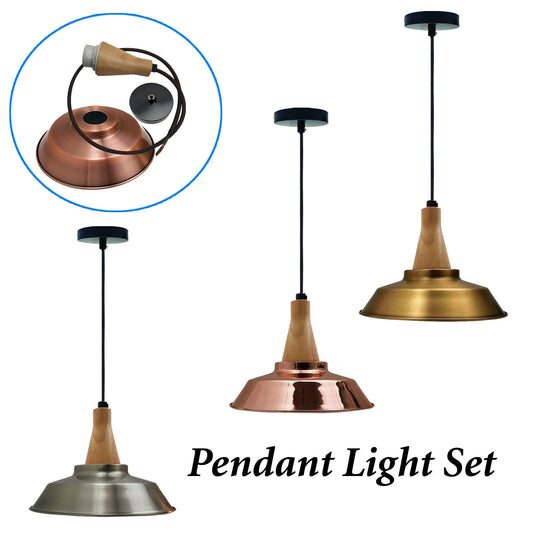 Wooden Pendant Light with Metal Dome Shade 22 cm – 4 Finishes