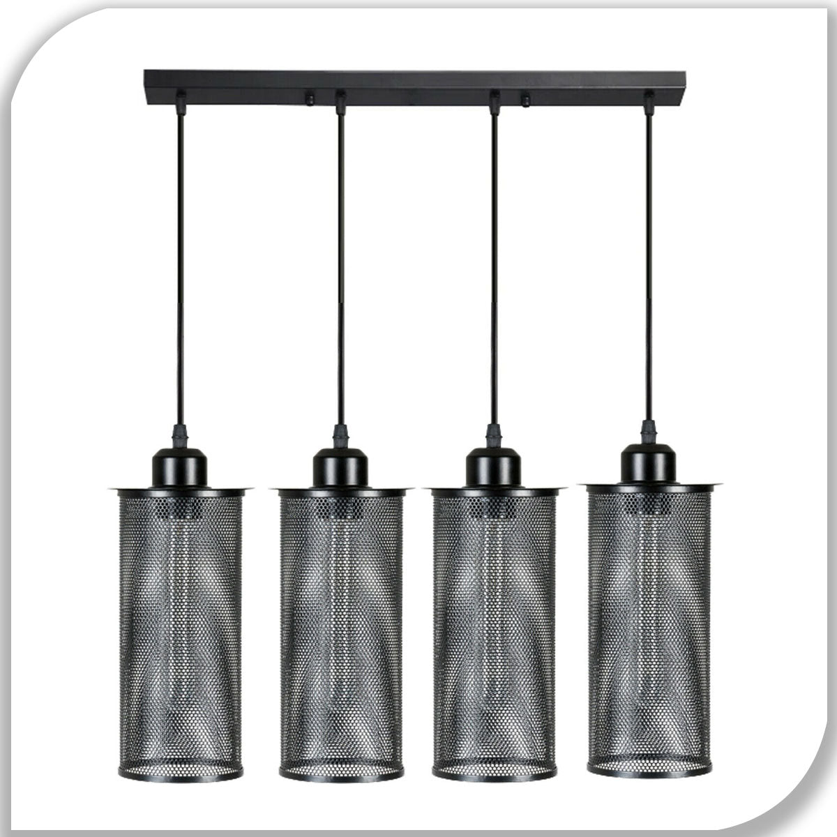 4-Light Cluster Pendant – Mesh Barrel, Tube, Box or Round Cages, E27 - Black, Barrel Cage Black, Without Bulb