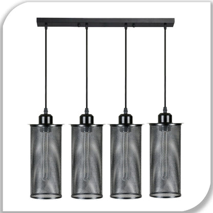 4-Light Cluster Pendant – Mesh Barrel, Tube, Box or Round Cages, E27 - Black, Barrel Cage Black, Without Bulb