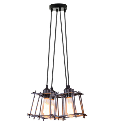 4-Light Cluster Pendant – Mesh Barrel, Tube, Box or Round Cages, E27 - Black, Box Cage Black, Without Bulb