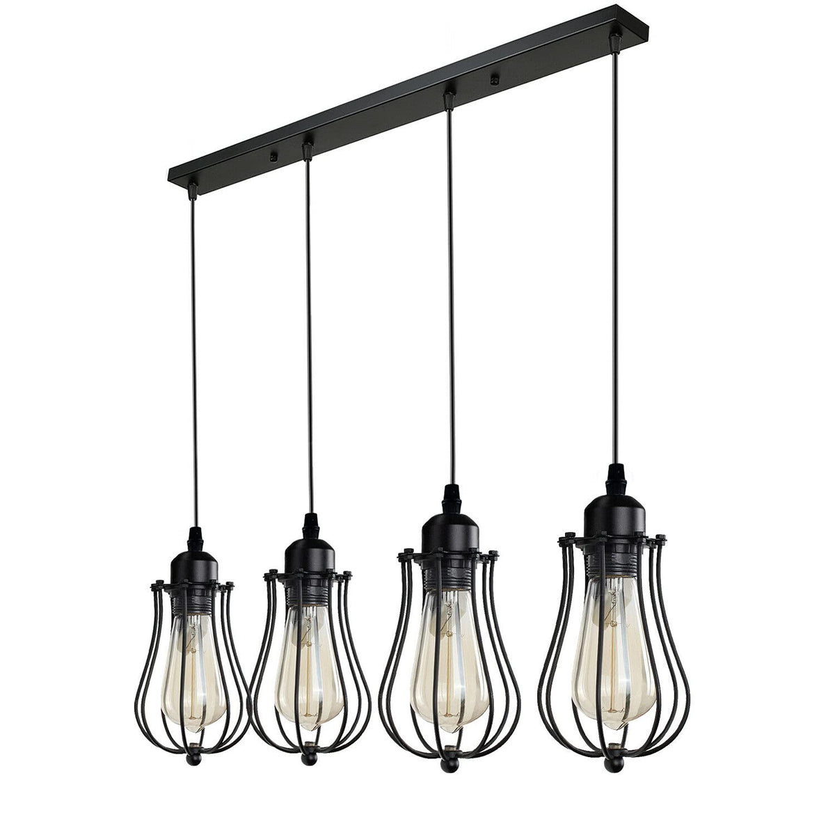 4-Light Cluster Pendant – Mesh Barrel, Tube, Box or Round Cages, E27 - Black, Round Cage Black, Without Bulb